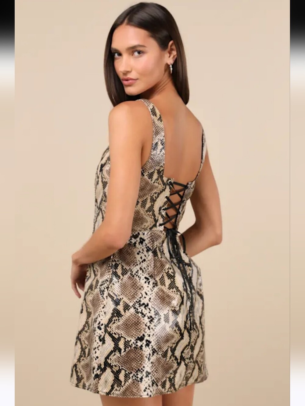 Lulus Wild Kisses Beige Snakeskin Print Vegan Leather Lace Up Mini Dress  XLarge